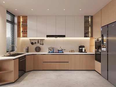 Modern Kitchen Interior Design With White Wooden Cabinets And Stainless Steel Appliances 3d model