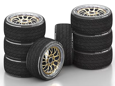 Car Tires With Gold Alloy Wheels Stacked In Multiple Sets Showing Tread Patterns 3d model
