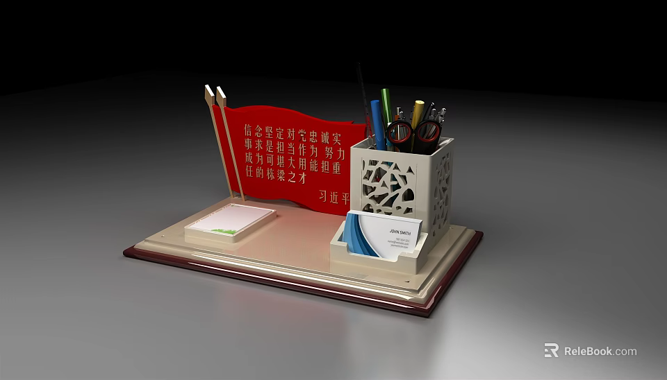 Decorative Ornament Set with Red Plaque Pen Holder Colored Pens Notepad and Tray Base 3d model 