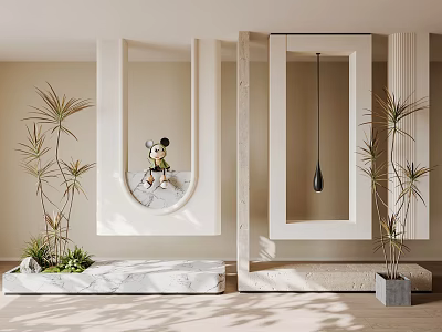 Modern Wooden Room Divider Design With Circular Mirror Hanging Lamp And Plants 3d model