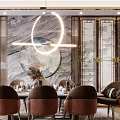 Chinese Modern Restaurant Interior With Round Pendant Light Marble Backdrop Brown Dining Chairs And Rug