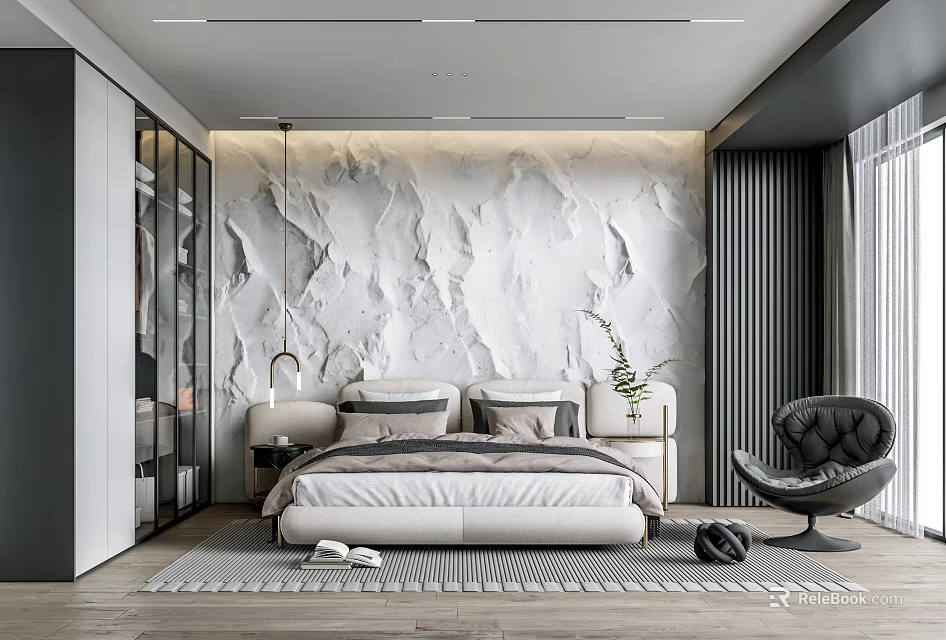 Modern Bedroom Interior Design With Marble Textured Wall White Bed And Black Chair 3d model 