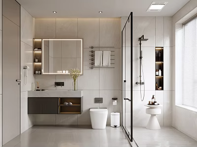 Modern Bathroom Interior Design With Glass Shower Enclosure Wall Mounted Towel Rack And Storage Niche 3d model
