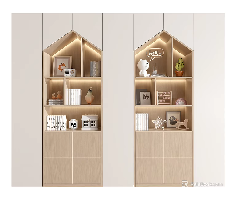 Modern Decorative Cabinet With Shelves Warm Lighting Photo Frames Books And Plants 3d model 