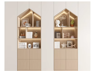 Modern Decorative Cabinet With Shelves Warm Lighting Photo Frames Books And Plants 3d model