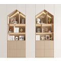Modern Decorative Cabinet With Shelves Warm Lighting Photo Frames Books And Plants