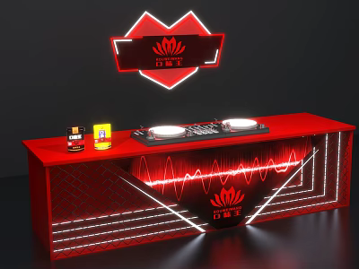 Red DJ Bar Counter With Neon Heart Lotus Logo And Equipment Drinks 3d model