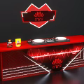 Red DJ Bar Counter With Neon Heart Lotus Logo And Equipment Drinks