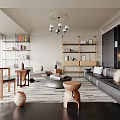 Modern Living Room Interior With Black Leather Sofa Bookshelves Area Rug And Chandelier