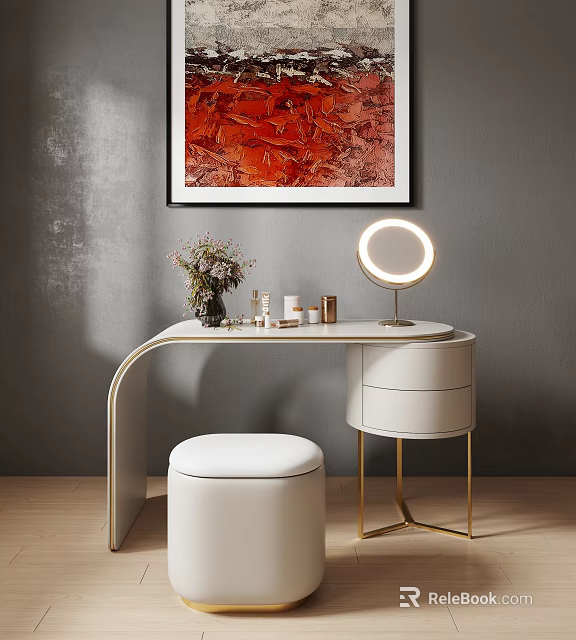 Modern Dressing Table With Round Lighted Mirror Golden Legs White Stool Flower Vase And Cosmetics 3d model 