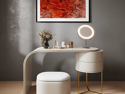 Modern Dressing Table With Round Lighted Mirror Golden Legs White Stool Flower Vase And Cosmetics 3d model