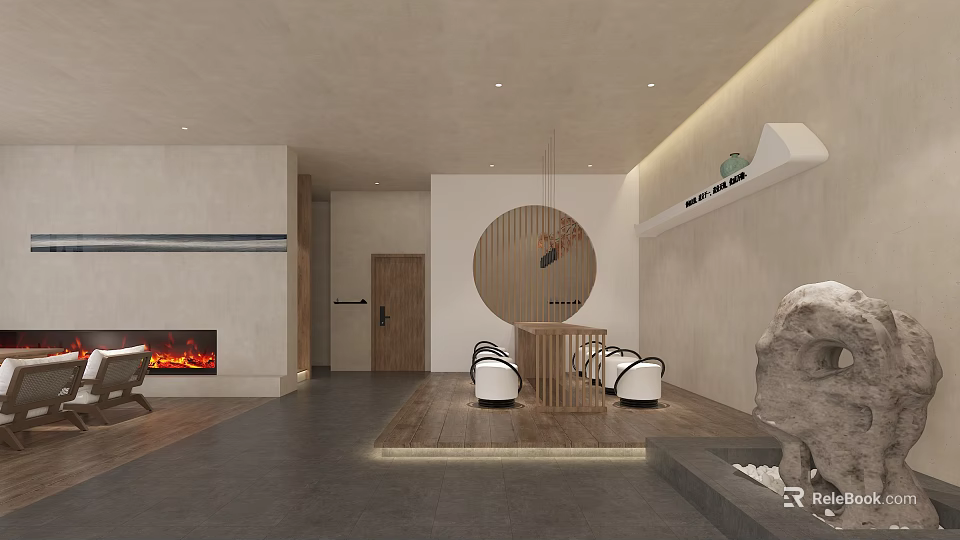 Modern Minimalist Lobby Interior With Circular Wooden Decor Fireplace White Chairs And Stone Sculpture 3d model 