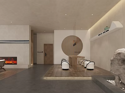 Modern Minimalist Lobby Interior With Circular Wooden Decor Fireplace White Chairs And Stone Sculpture 3d model