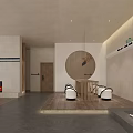 Modern Minimalist Lobby Interior With Circular Wooden Decor Fireplace White Chairs And Stone Sculpture