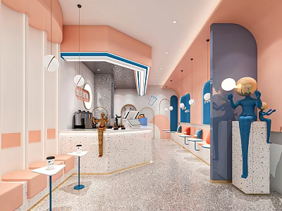 Pastel Pink Blue Milk Tea Shop Interior With Curved Counter Seating And Decorative Figurines 3d model