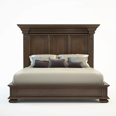 Classic Dark Brown Wooden Double Bed With Panel Headboard And Beige Pillows 3d model