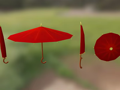 Red Umbrellas Open And Folded Hanging Against Green Outdoor Background 3d model