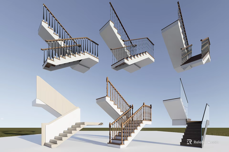 Modern Staircase Designs With Wooden Railings White Dark Steps And Geometric Structures 3d model 