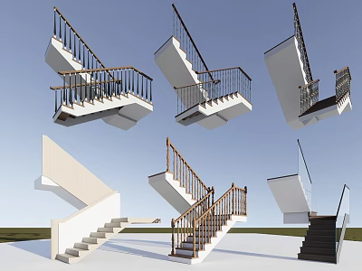 Modern Staircase Designs With Wooden Railings White Dark Steps And Geometric Structures 3d model