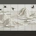 Chinese Style Background Wall with Relief Design of Mountains Water and Flying Birds