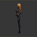 Woman With Orange Hair In Black Tight Fitting Outfit Gloves Boots And Weapon On Back