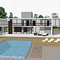 Modern Detached Villa With Large Windows Balcony Swimming Pool And Sun Loungers