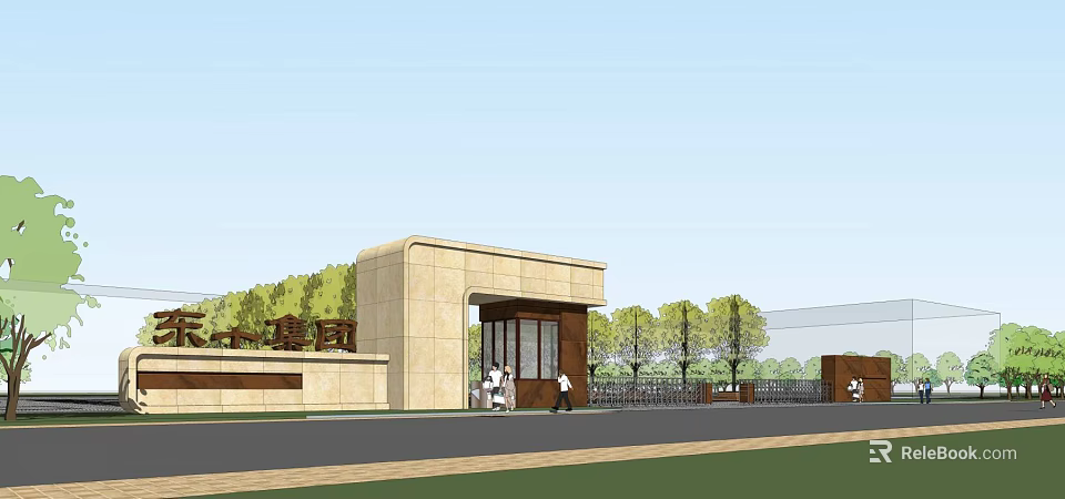 Modern Stone Entrance Gate Design With Pillars And Surrounding Green Landscaping 3d model 