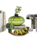 Stylish Decorative Ornament Set With Green Vase Books Wooden Fruit Tray And Metal Decor