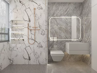 Modern Bathroom Interior With Marble Walls Copper Fixtures Backlit Mirror Wall Mounted Toilet And Sink 3d model