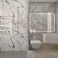 Modern Bathroom Interior With Marble Walls Copper Fixtures Backlit Mirror Wall Mounted Toilet And Sink