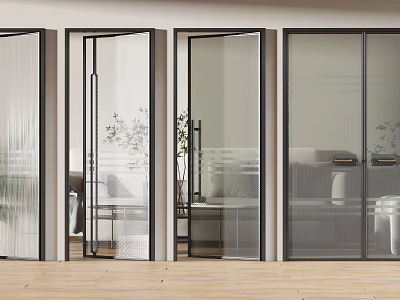 Modern Interior Glass Doors With Black Frames Transparent Frosted Panels And Wooden Floor 3d model