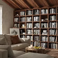 Living Room Interior Design With Sloped Wooden Ceiling Large Window Beige Sofa Pillows And Bookshelves