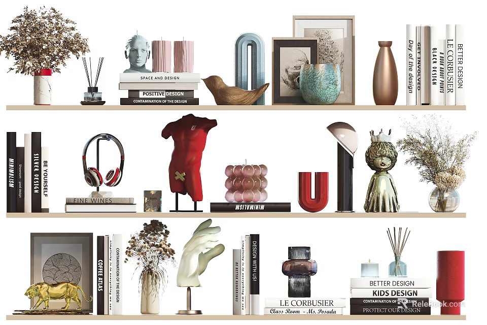 Modern Decorative Ornament Set With Vases Sculptures Books And Picture Frames 3d model 