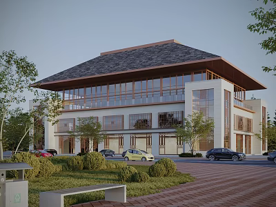 Modern Exterior Building With Sloped Roof Large Glass Windows Greenery Trees And Parked Cars Nearby 3d model