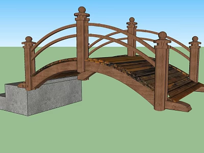 Wooden Arched Garden Landscape Bridge With Decorative Railings And Stone Base 3d model