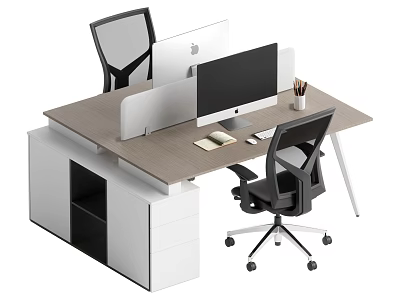 Modern Office Desk Setup with Dual Monitors Notebook Pencil Holder Ergonomic Chairs and Storage Cabinets 3d model
