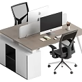 Modern Office Desk Setup with Dual Monitors Notebook Pencil Holder Ergonomic Chairs and Storage Cabinets