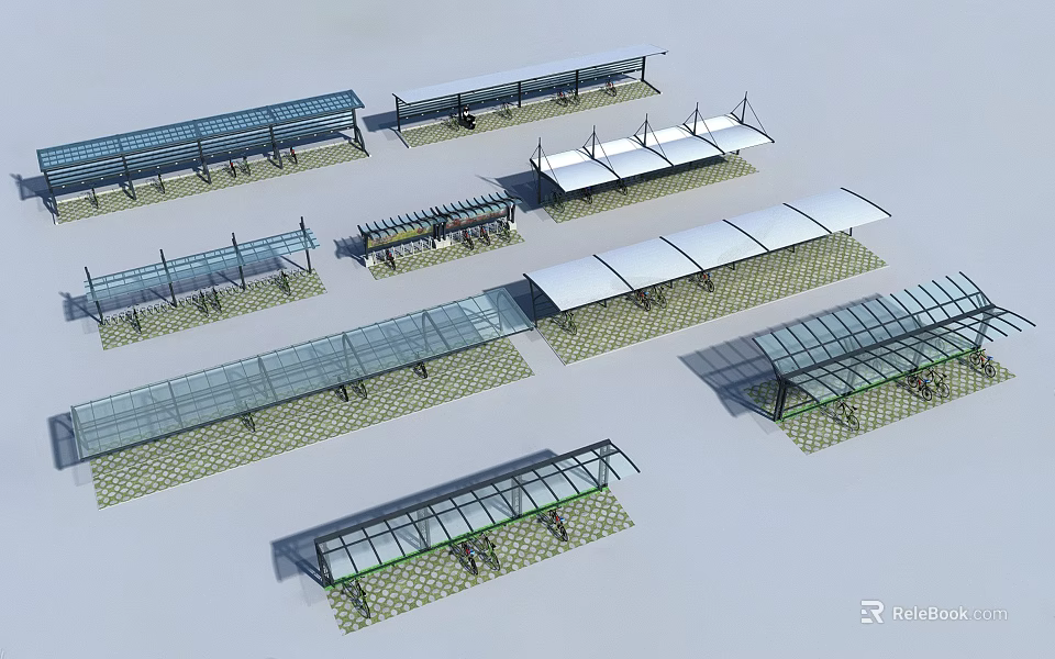 Various Modern Outdoor Sunshade Canopies With Transparent Panels And Structural Support 3d model 