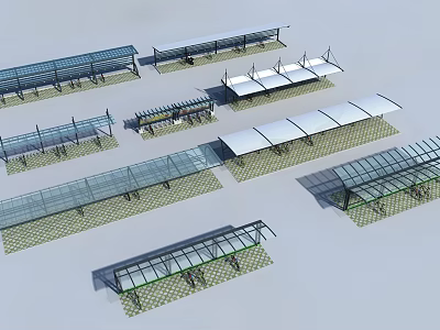 Various Modern Outdoor Sunshade Canopies With Transparent Panels And Structural Support 3d model