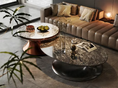 Modern Living Room With Two Marble Top Coffee Tables Copper Black Bases Fruit Bowl Magazines 3d model