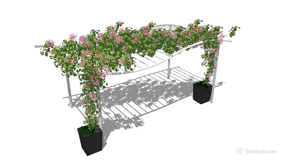 White Pergola Structure With Green Vines And Pink Flowers In Black Planters 3d model 
