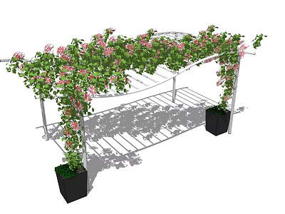 White Pergola Structure With Green Vines And Pink Flowers In Black Planters 3d model