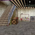 Cartoon Basement Scene with Wooden Stairs Railing Crate Shelf Washing Machine and Carpeted Floor