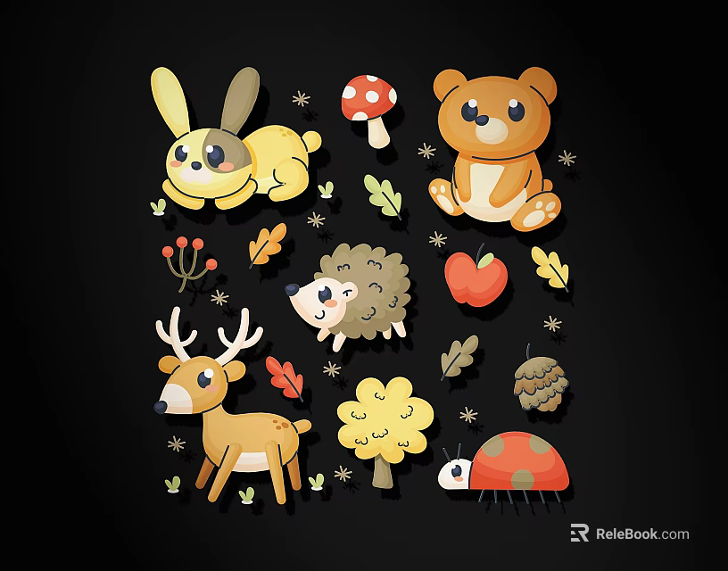 Cute Animal Themed Wall Decor Featuring Rabbit Bear Deer and Nature Elements 3d model