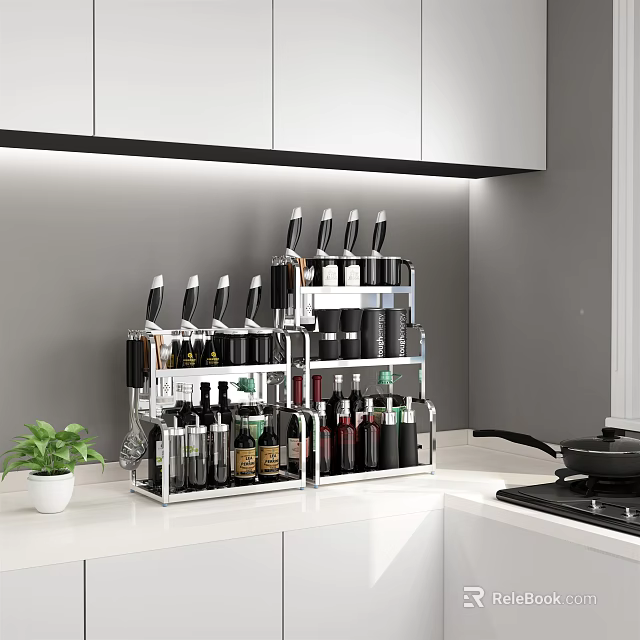 Stainless Steel Kitchen Storage Rack With Multiple Layers For Bottle Organization And White Cabinet 3d model 