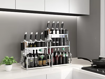Stainless Steel Kitchen Storage Rack With Multiple Layers For Bottle Organization And White Cabinet 3d model