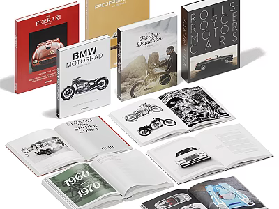 Classic Car Books Featuring Rolls-Royce BMW Motorcycle Covers And Open Pages 3d model
