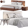 Modern Double Bed with Brown Headboard Plaid Pillows Striped Blanket Nightstand and Round Cushions