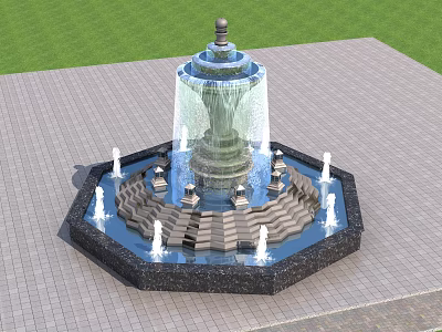 Multi tiered Garden Fountain With Octagonal Base Surrounding Small Fountains Brick Pavement And Green Lawn 3d model