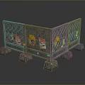 Textured Gray Panel Display Stand With Multiple Sections Colorful Posters And Supporting Pillars